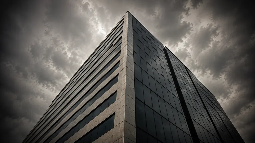 Completed building — stone and glass facade