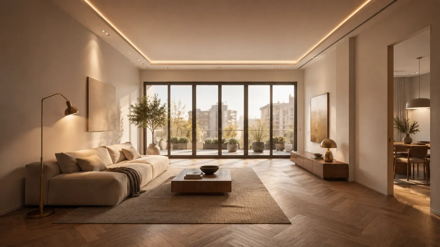 Finished living room: herringbone oak parquet, concealed lighting, custom furniture