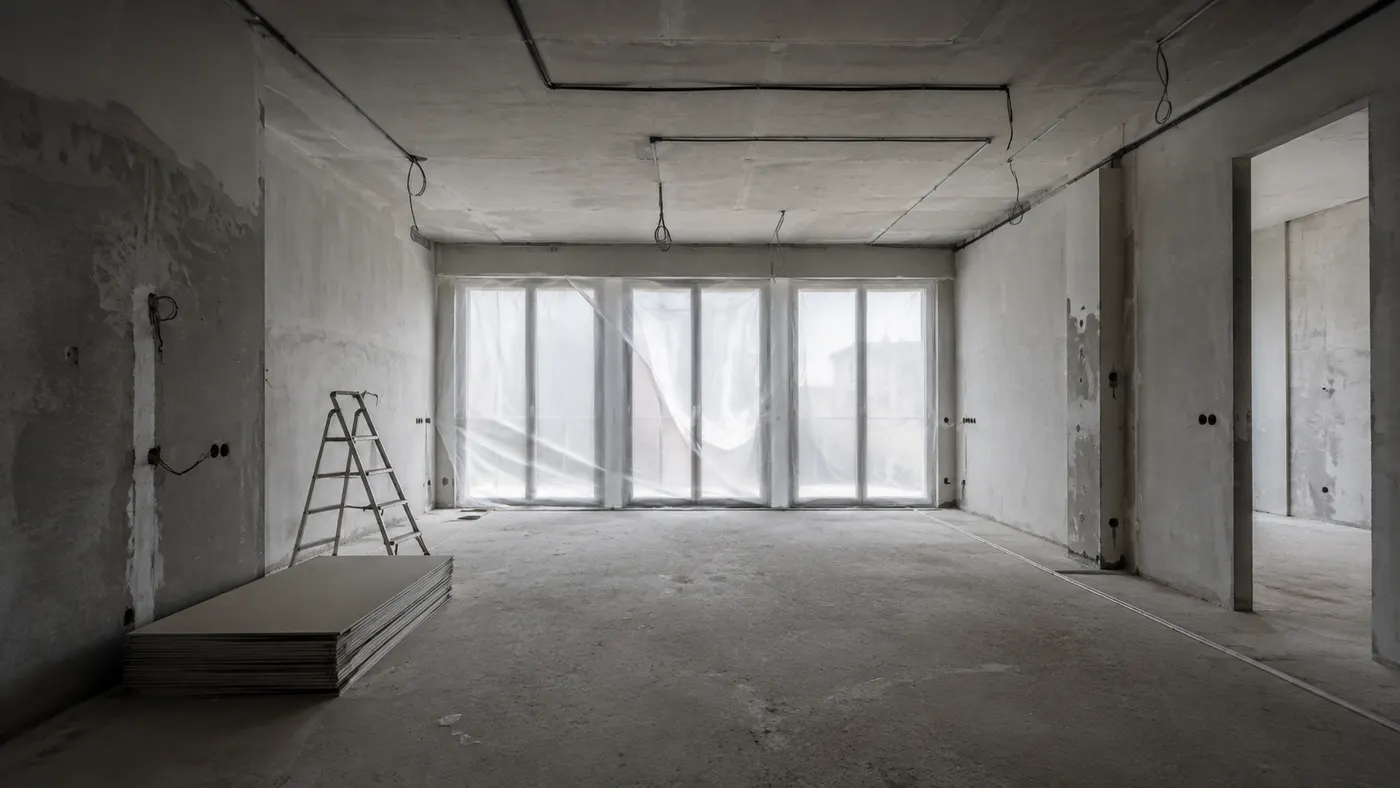Bare apartment: concrete walls, exposed conduits, drywall sheets